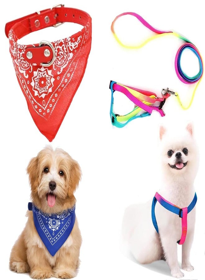 Sage Square Dog Adjustable Scarf Cum Bandana Cum Neckerchief Collar + Colorful Dog Harness and Leash Set, No Chock Puppy Step Vest Harness Nylon Lightweight Neck&Chest - Image 1